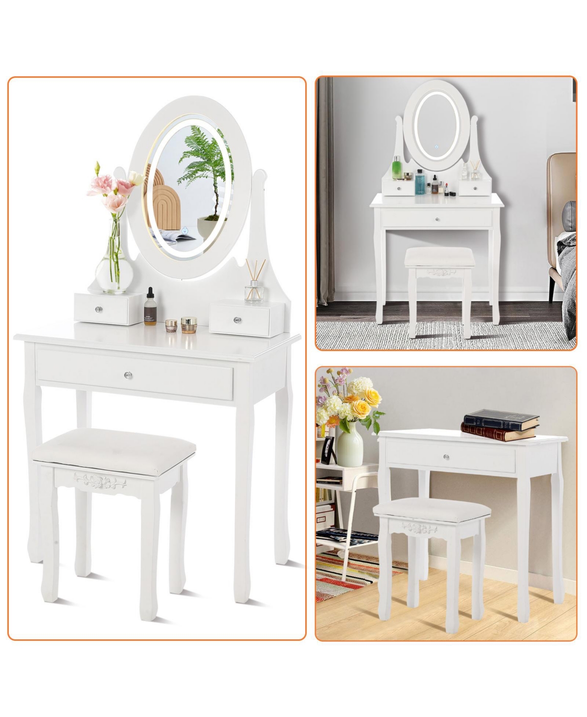 homfan Modern Vanity Desk with Led Lighted Oval Mirror, 3 Lighting Modes, Cushioned Stool, 3 Storage Drawers, Dressing Table Set for Bedroom