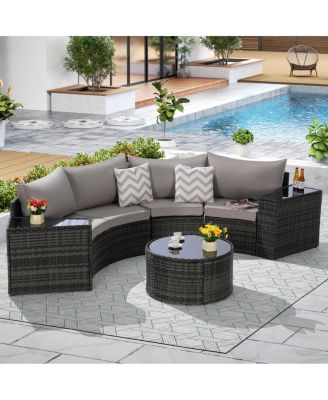 7-Piece Outdoor Half-Moon Sectional Patio Furniture Set with Glass Table-Asagikoiai
