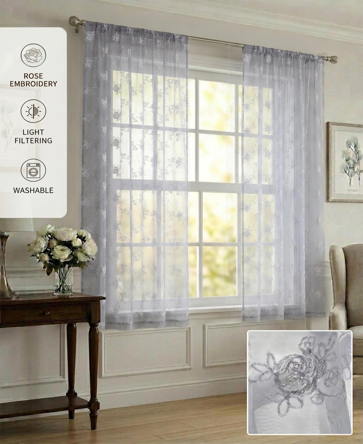 Shadisfy Sheer Voile Curtains with Rose Embroidery - Rod Pocket Ready 2 Panels