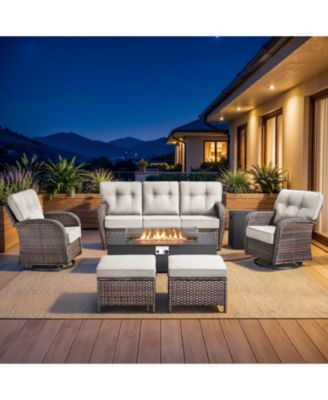 7 Pieces Outdoor Patio Furniture Set with Fire Pit Table, Wicker Swivel Rocking Chairs Conversation Sets with 5inch Cushion