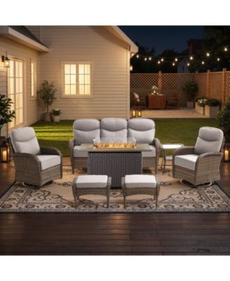 7pieces Patio Furniture Set with 6-inch Thick Cushion, Outdoor Wicker Conversation with Fire Pit Table, Swivel Chairs, Sofa, Side Table