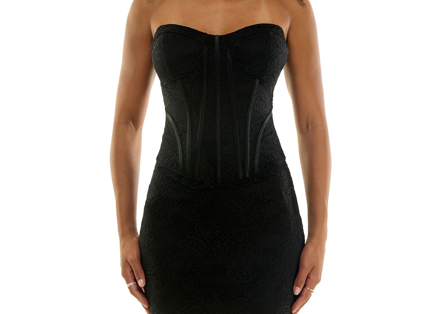 Juniors' Strapless Sweetheart Neck Lace Corset Midi Dress