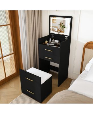 3-in-1 Compact Vanity Desk with Glass Desktop and 3 Drawers
