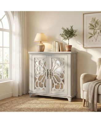 Elegant Sideboard with 2 Acrylic Mirrored Doors, Hollow-Carved Accent Cabinet