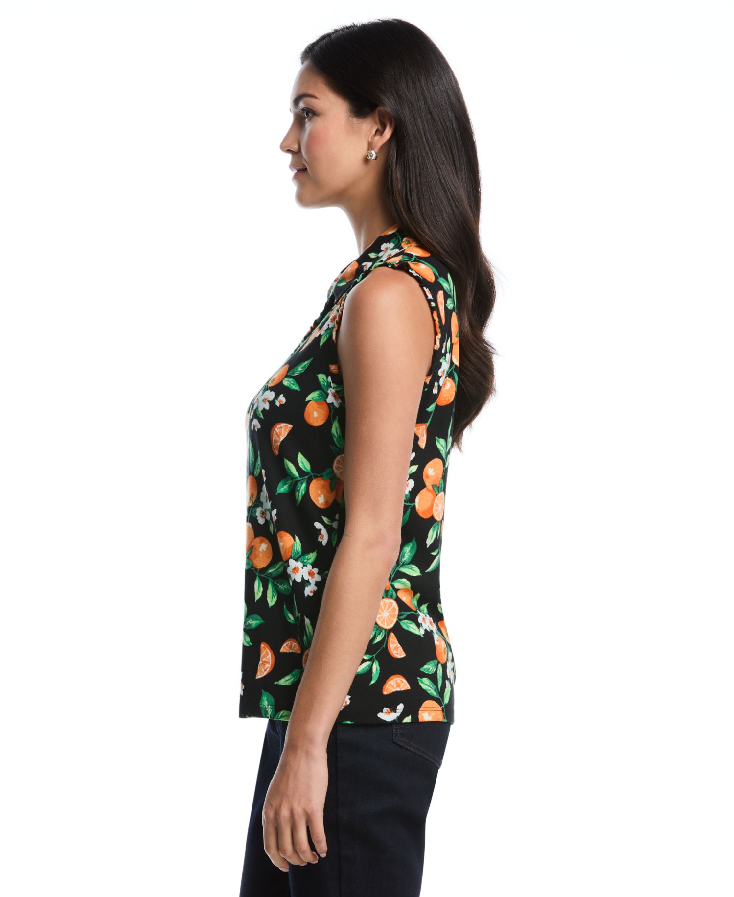 Petite Orange Print Ruffle-Trim Sleeveless Polo Shirt