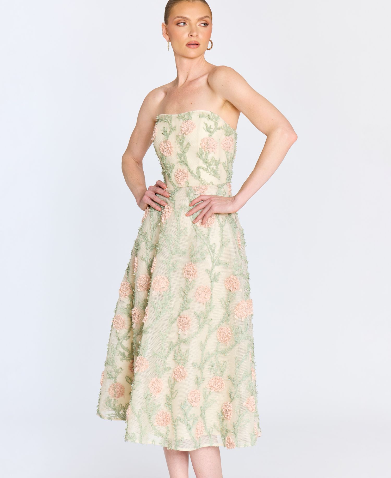 Women's Midi Strapless 3D Floral Embroidery Dress