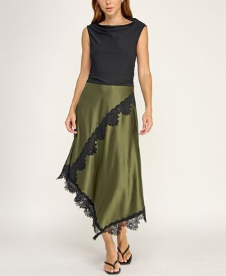 Juniors' Cowl Neck Assymetric Lace Trim Satin Skirt Midi Dress