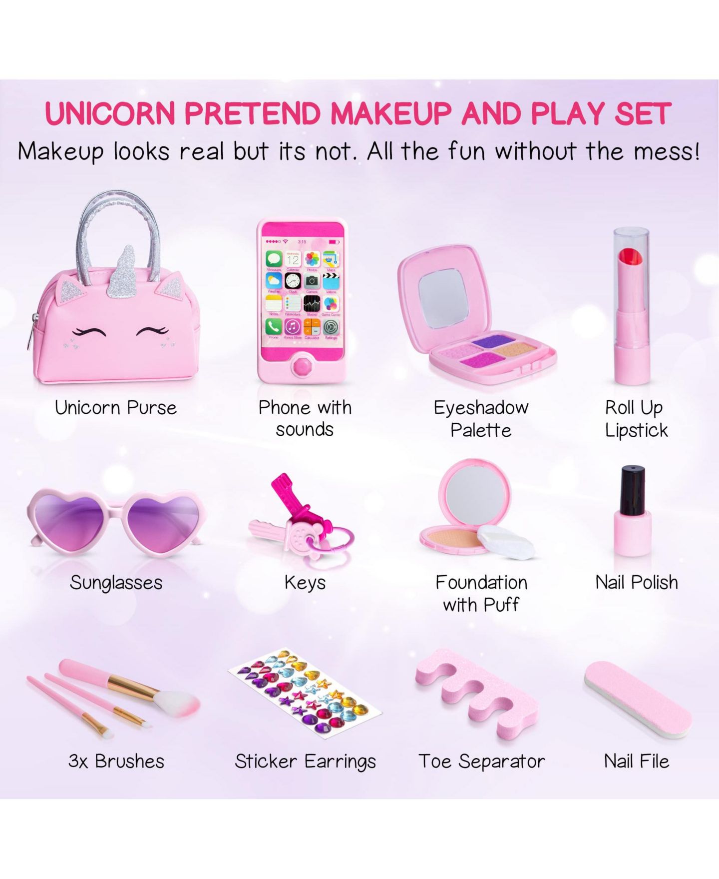 Детские игрушки GNUADZ Princess Unicorn Pretend Makeup Kit, 12-Piece Set, Ages 3+, цвет: Розовый — фото 3