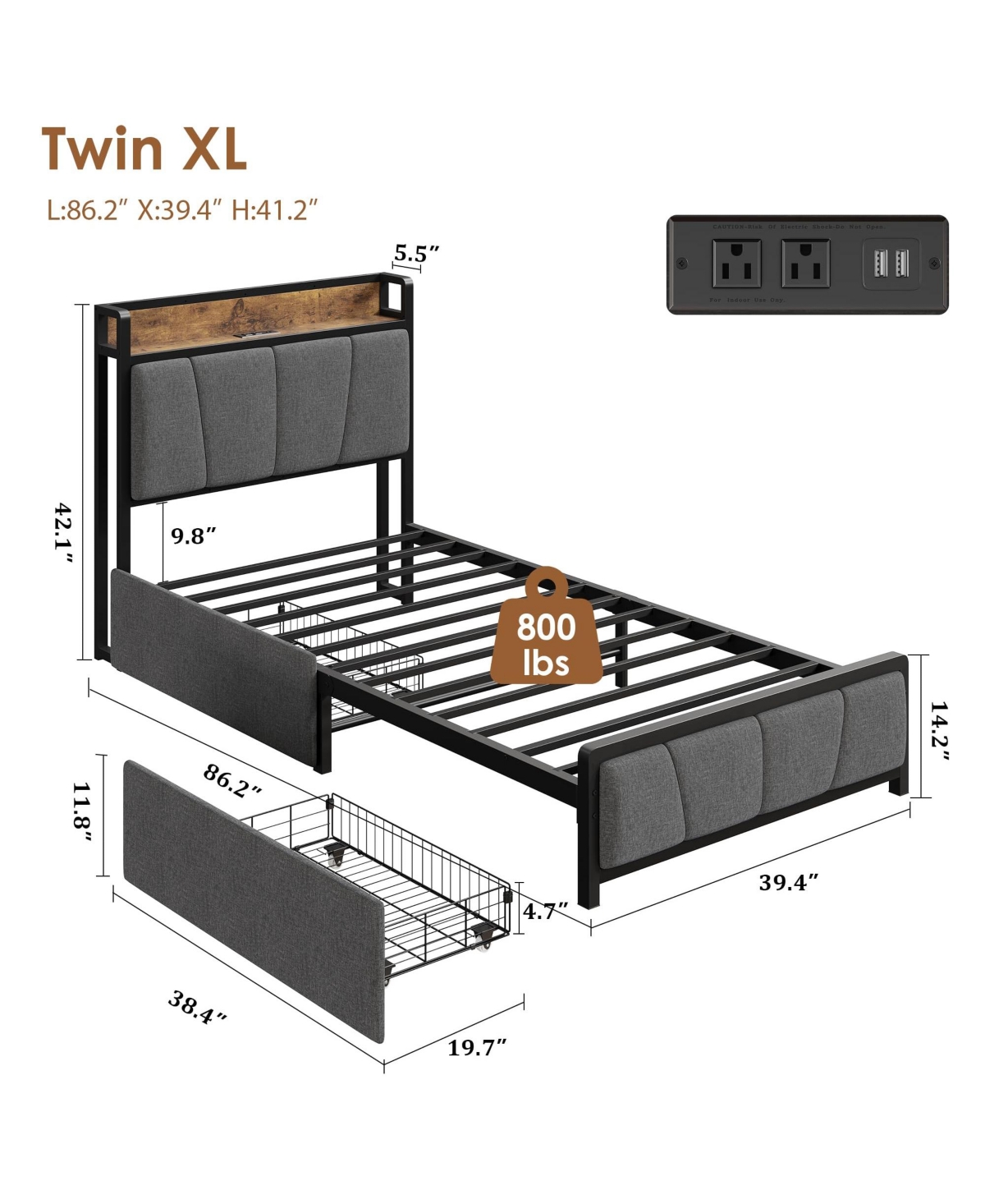 homfan Upholstered Bed Frame with Storage Headboard, Charging Station, 2 Drawers, Metal Slat Support