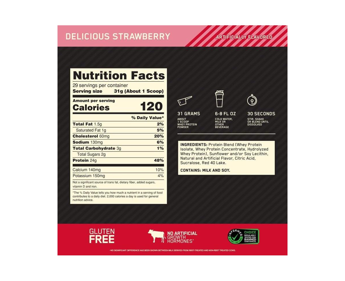 Optimum Nutrition Gold Standard 100% Whey Protein Powder, Delicious Strawberry, 2 Pound (Packaging May Vary)