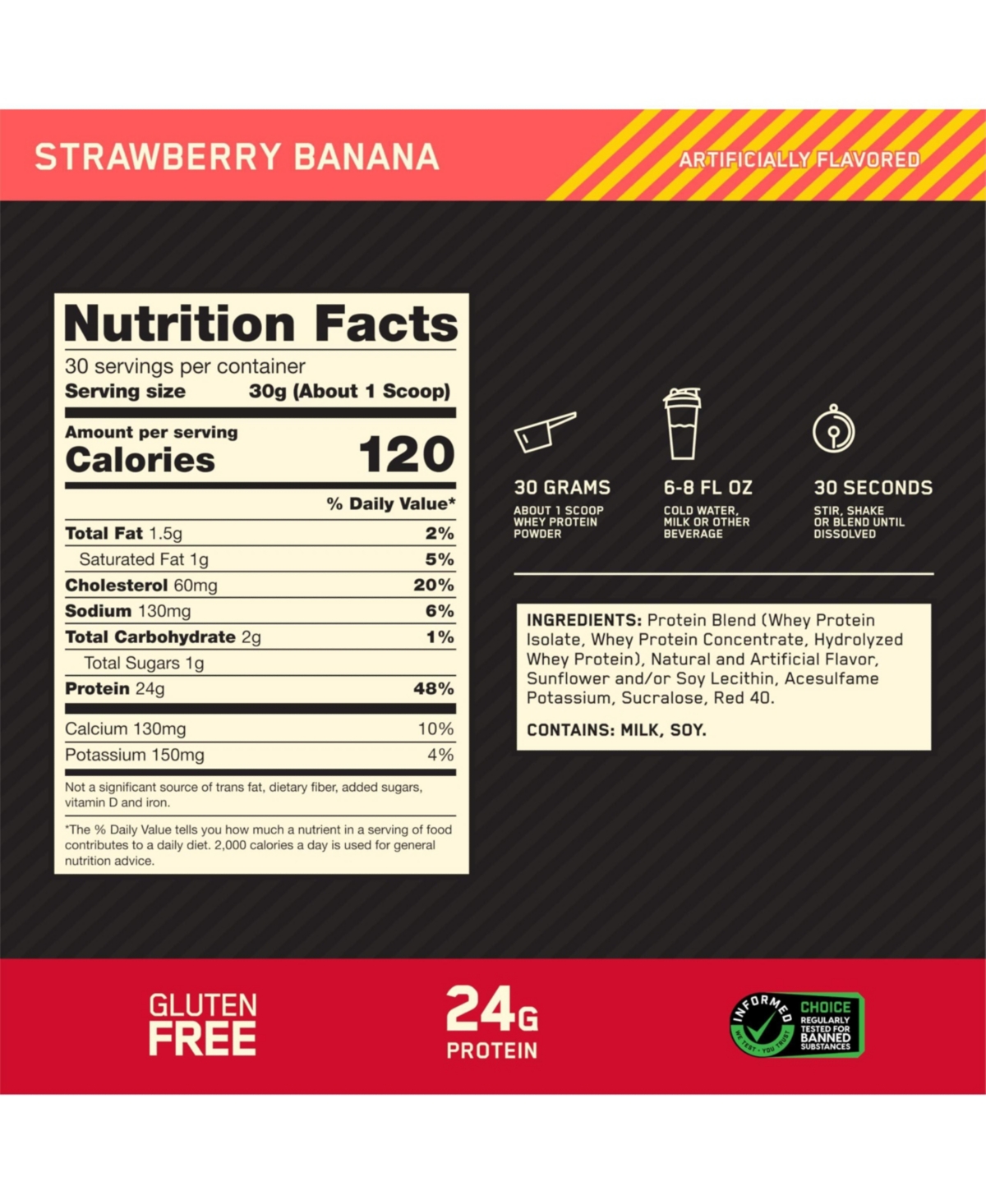 Optimum Nutrition, Gold Standard 100% Whey Protein Powder, 24 g Protein, Strawberry Banana, 2 lb, 30 Servings