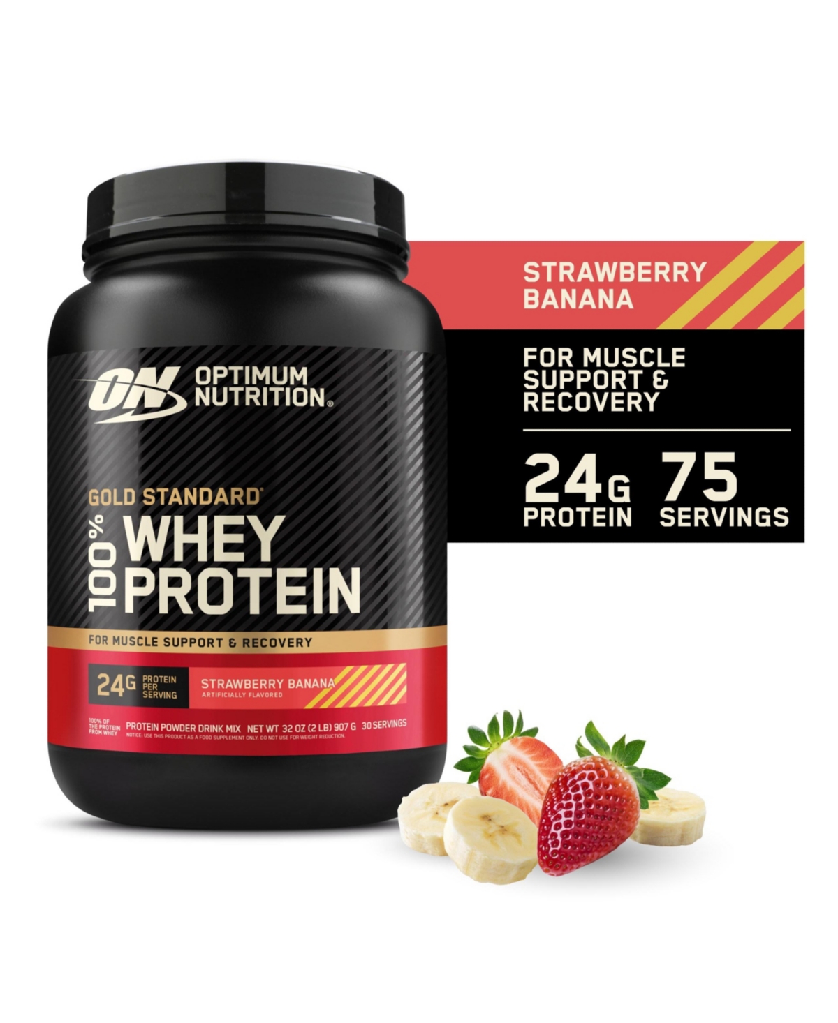 Optimum Nutrition, Gold Standard 100% Whey Protein Powder, 24 g Protein, Strawberry Banana, 2 lb, 30 Servings