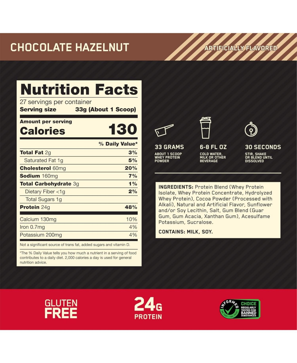 Optimum Nutrition Gold Standard 100% Whey Protein Powder, Chocolate Hazelnut, 2 Pound (Packaging May Vary)