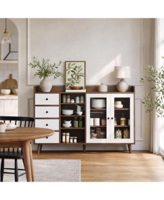 Glass Door Sideboard Cabinet with Grille Design, Buffet Server with Storage Shelves for Dining Room Living Room