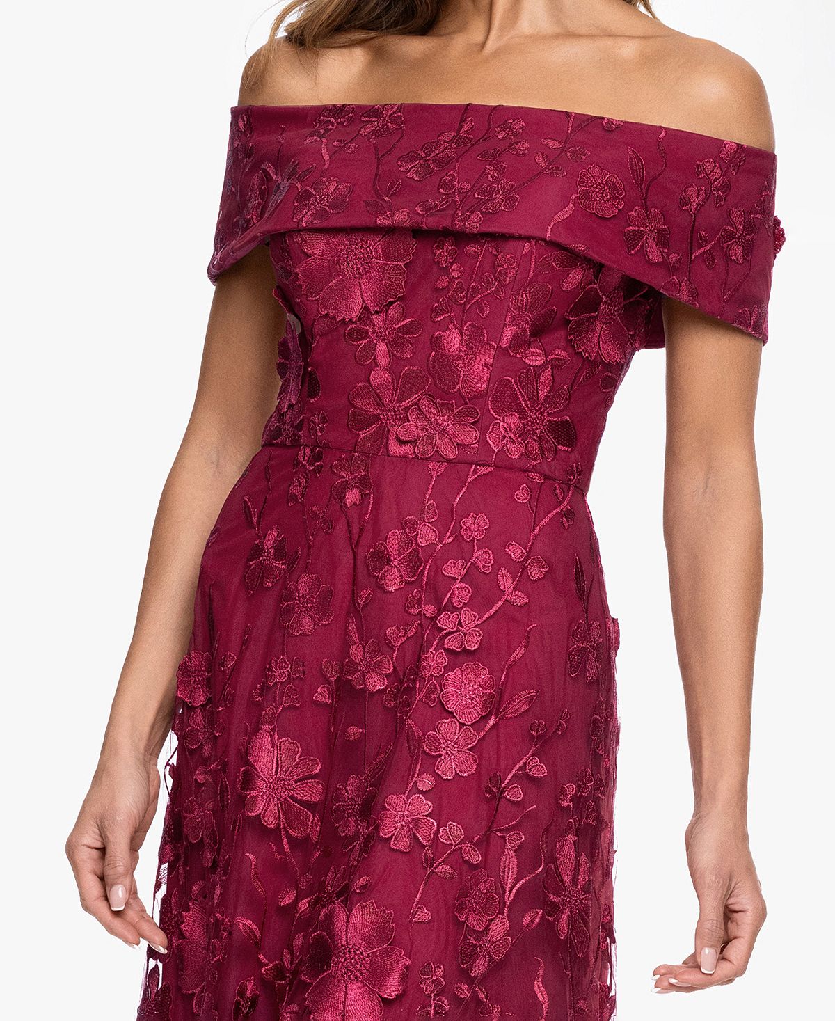 XSCAPE Women's Off-The-Shoulder Embroidered Floral Ball Gown view 4 — MAYCSS fashion products