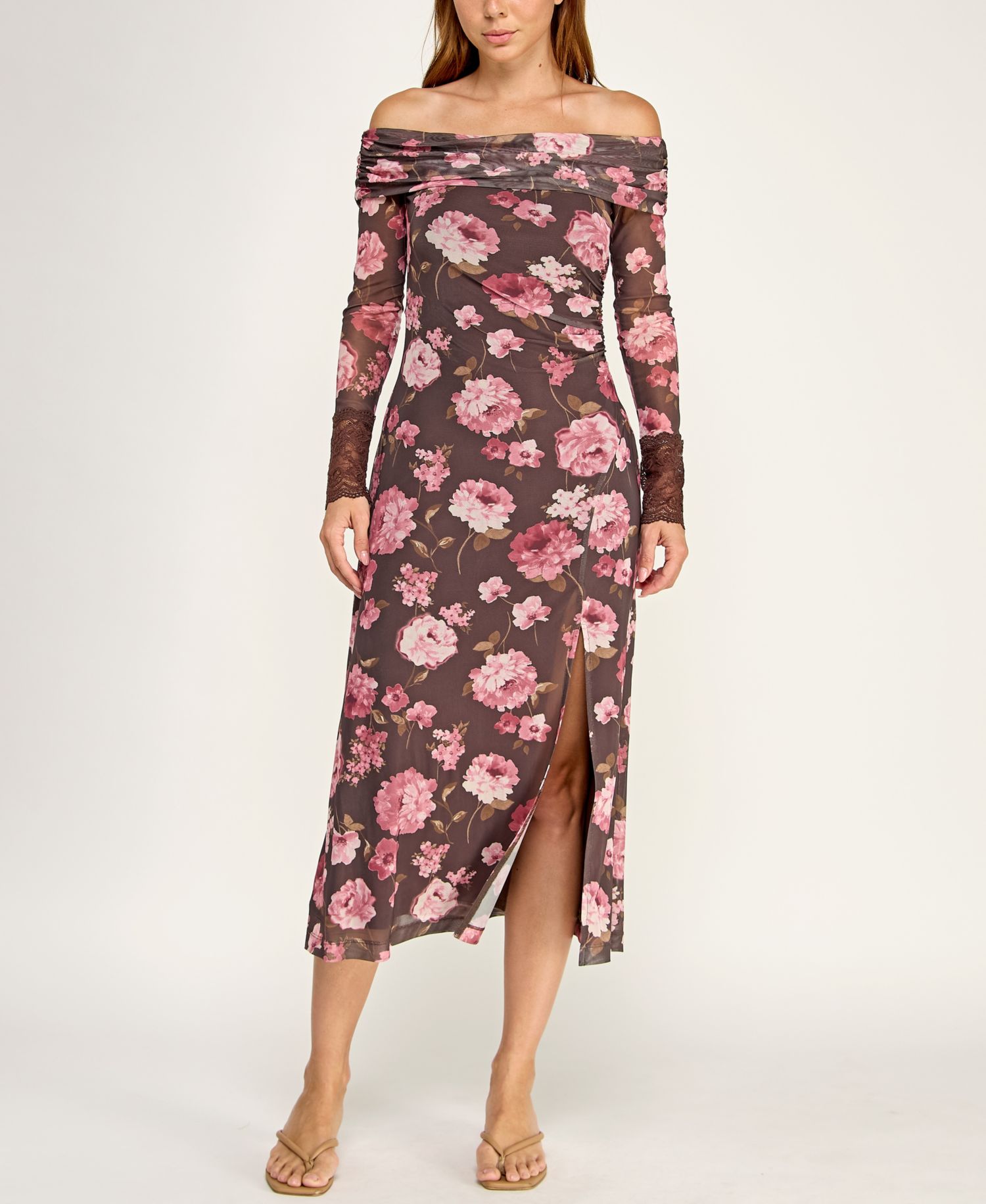 Juniors' Off-The-Shoulder Long-Sleeve Floral Printed Mesh Midi Dress