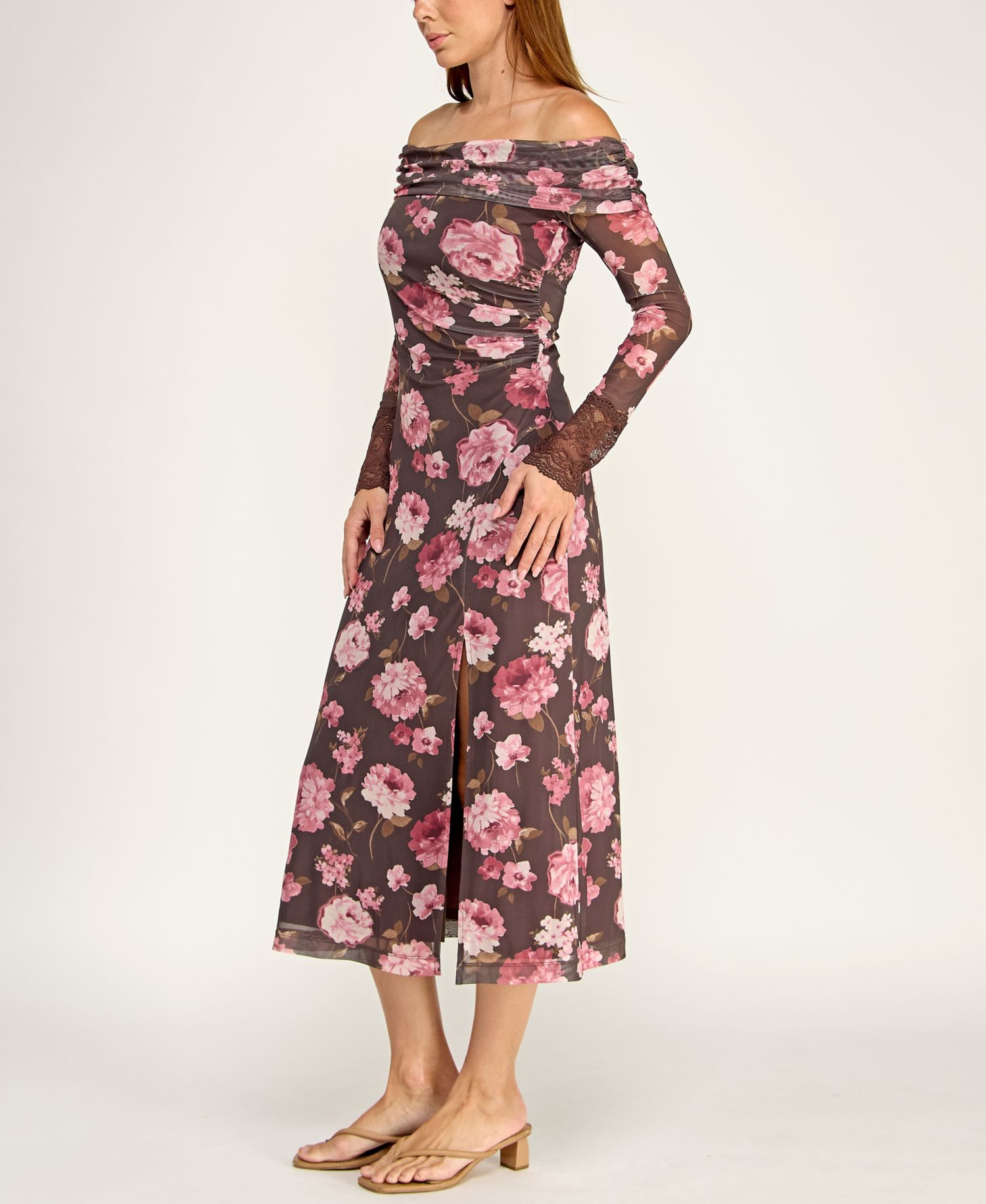 Juniors' Off-The-Shoulder Long-Sleeve Floral Printed Mesh Midi Dress