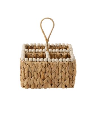 Woven Utensil Caddy with 4 Compartments, Hand-Braided Water Hyacinth Basket with Wood-Bead Trim