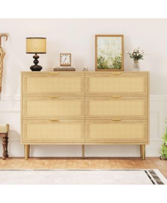 Natural Rattan 6 Drawer Dresser for Bedroom, Chest of Drawers with Legs and Handles