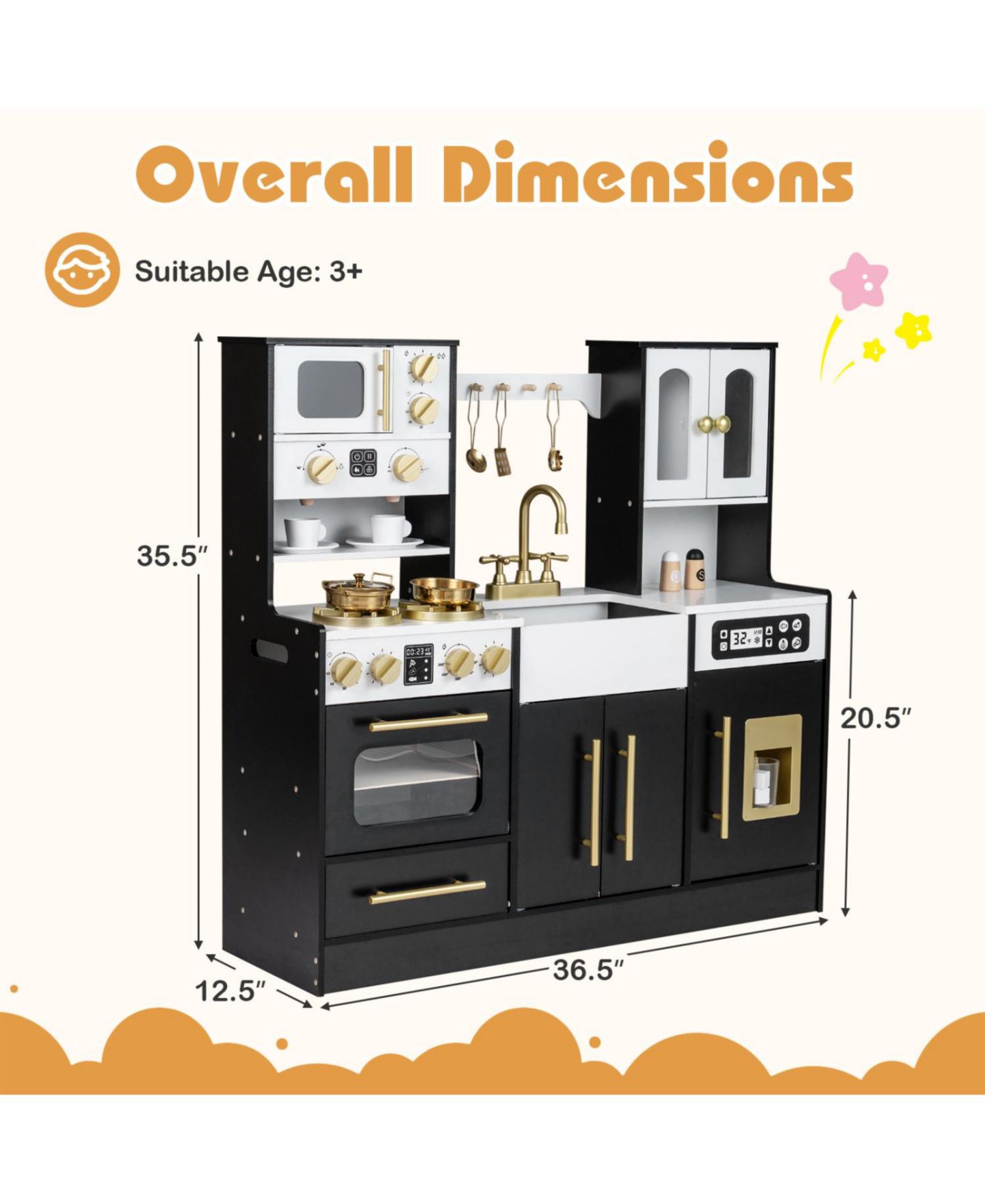 Детская игрушка Slickblue Wooden Play Kitchen With Lights and Sound Effects, Ages 3+, цвет: Чёрный — фото 3