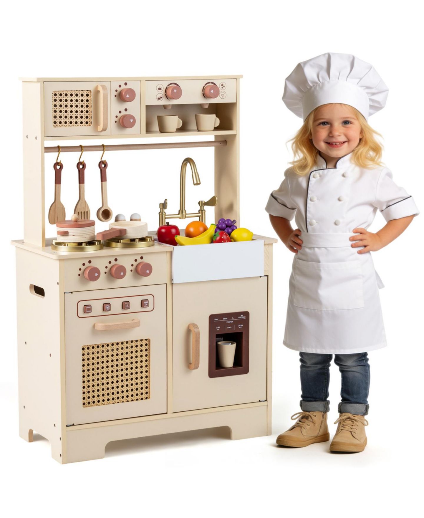 Детские игрушки Slickblue Kids' Wooden Play Kitchen with Realistic Lights and Sounds, 16-Piece Set, от 3 лет, цвет: Жёлтый — фото 7