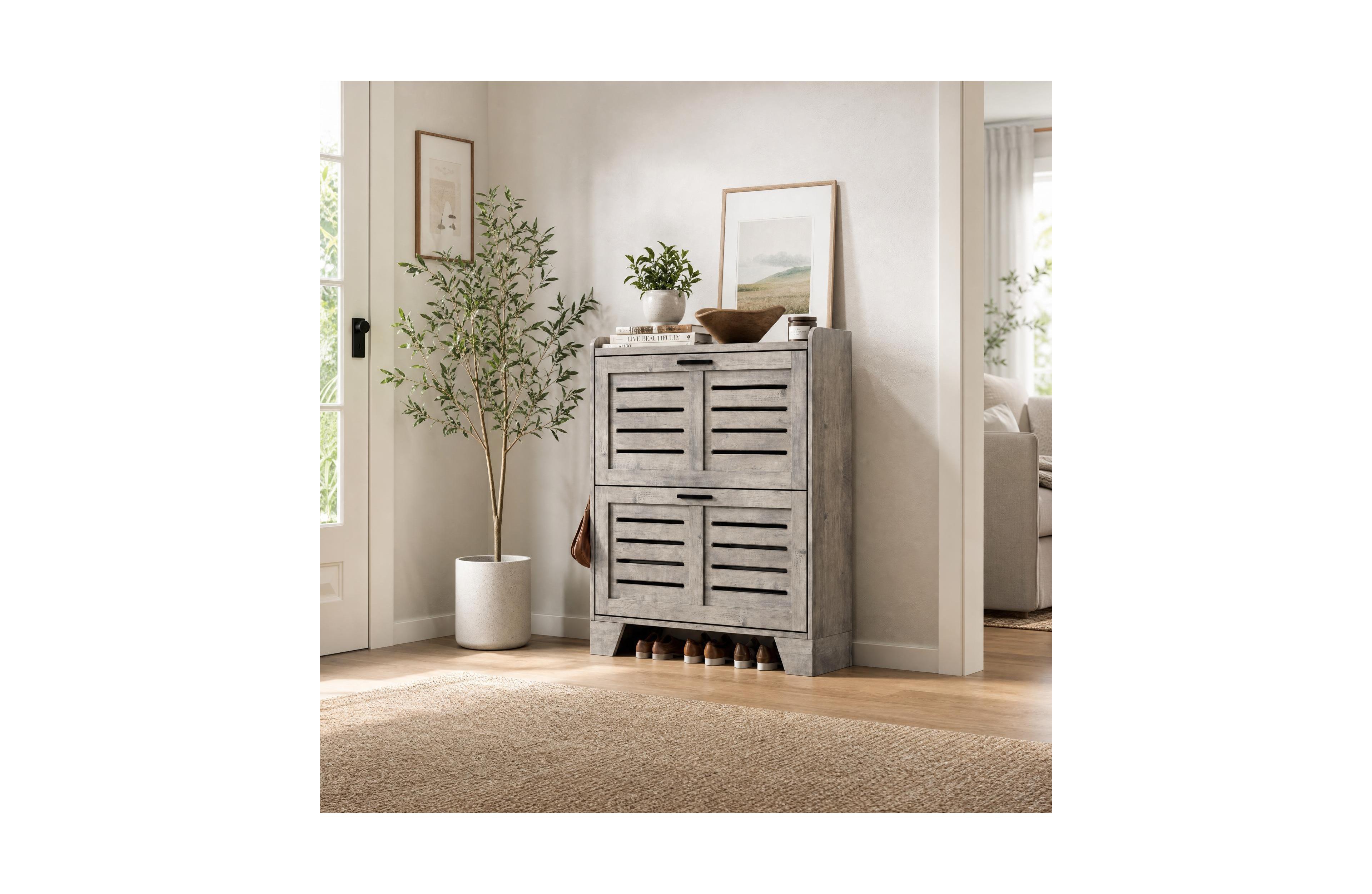 Homfan Two-Tier Flip Door Shoe Cabinet with Spacious Storage, Freestanding Entryway Organizer for Shoes and Accessories