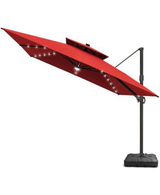 Outdoor Patio 11x11Feet Aluminum Double Canopy Solar Lights Cantilever Umbrella with Wheel Base