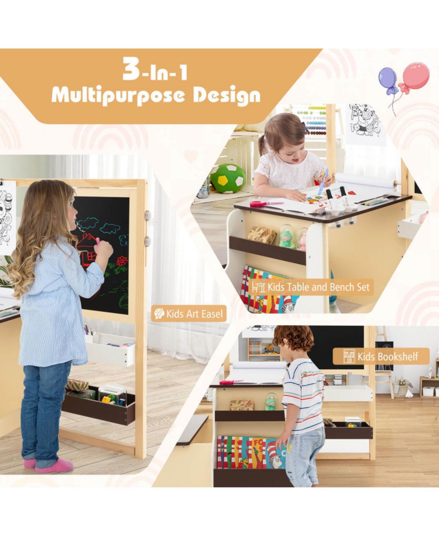 Детская игрушка GOUUN Double-Sided Adjustable Art Center with Easel and Storage Bench, Ages 3+, цвет: Коричневый — фото 8