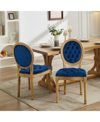 French Style Solid Wood Frame Antique Painting, Hand-pulled buckle decoration PU artificial leather Dining Chair,Set of 2