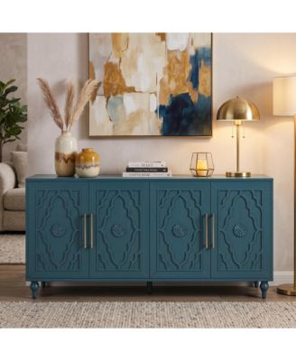 63'' Large Storage Cabinet with Metal Handle, Carved Flower Doors, Wooden Modern Sideboard Console with Adjustable Shelves
