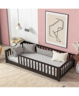 Twin Floor Bed with Safety Guardrails,Solid Rubber Wood Fence Kids Bed Frame