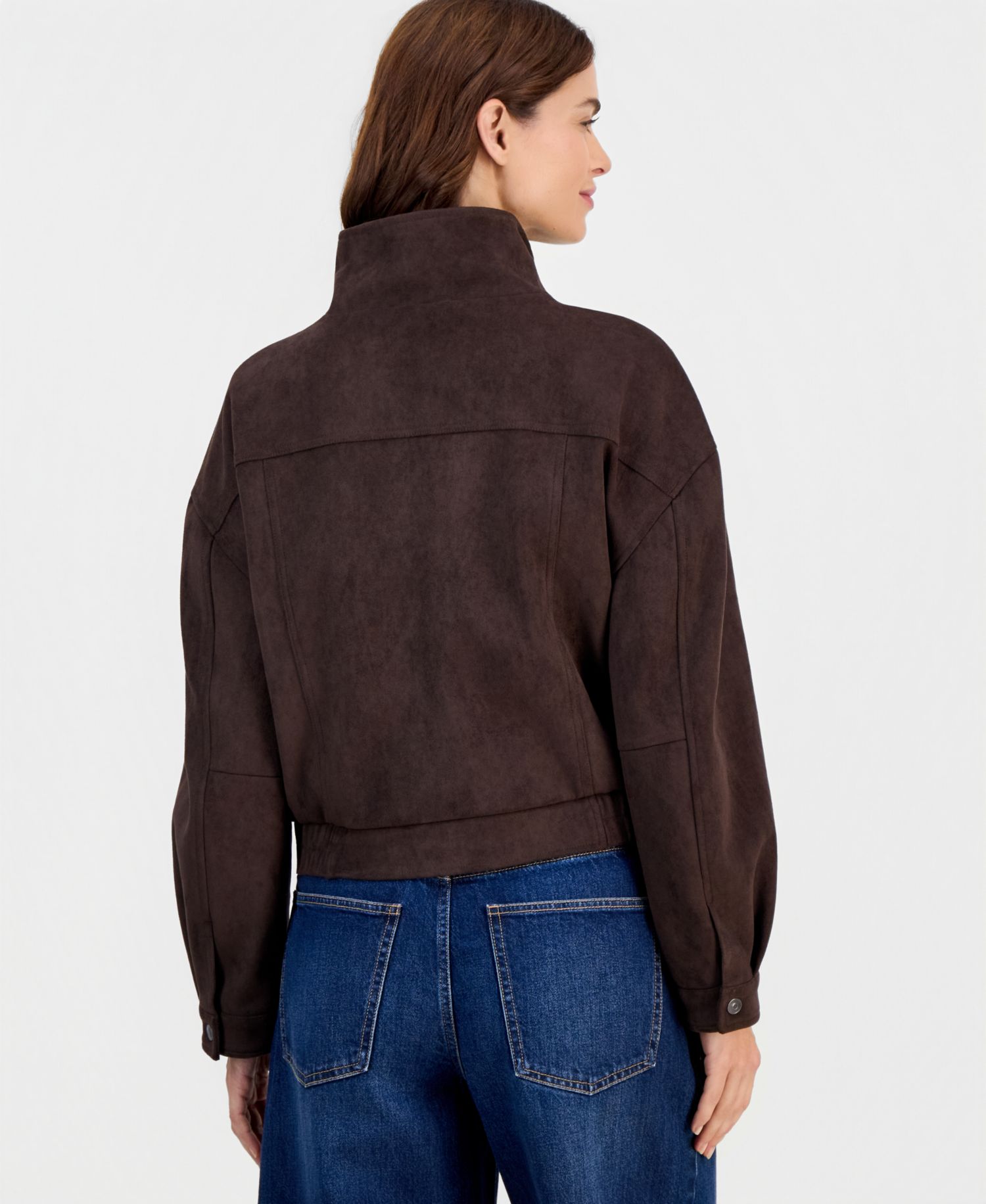 Petite Faux Suede Stand-Collar Bomber Jacket