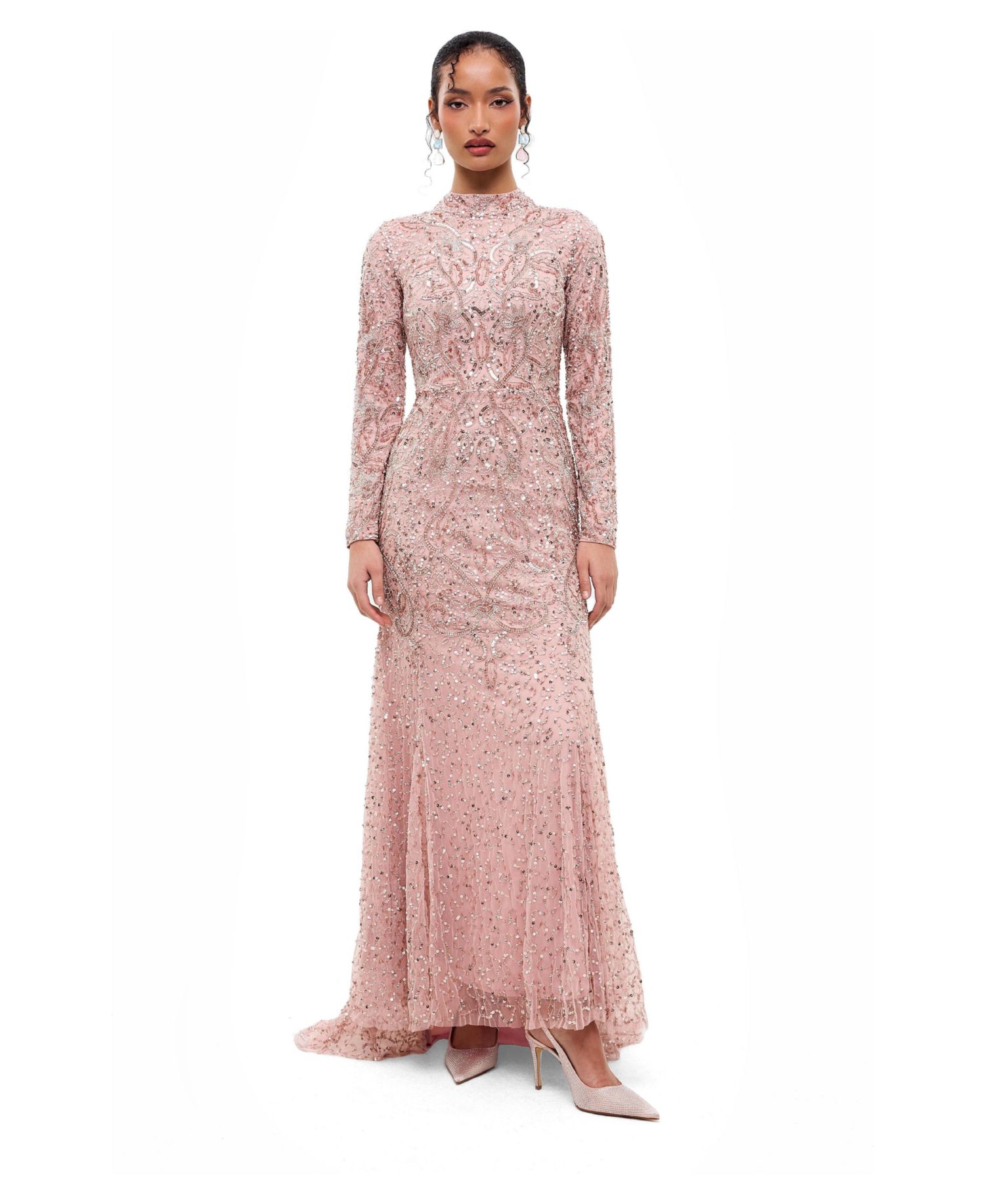 Women's Modest Embellished Sequins Trail Gown