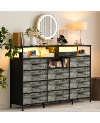 11 Drawer Dresser, 55 Inch Fabric Storage Chest with Led Light and Charging Station for Bedroom or Dorm