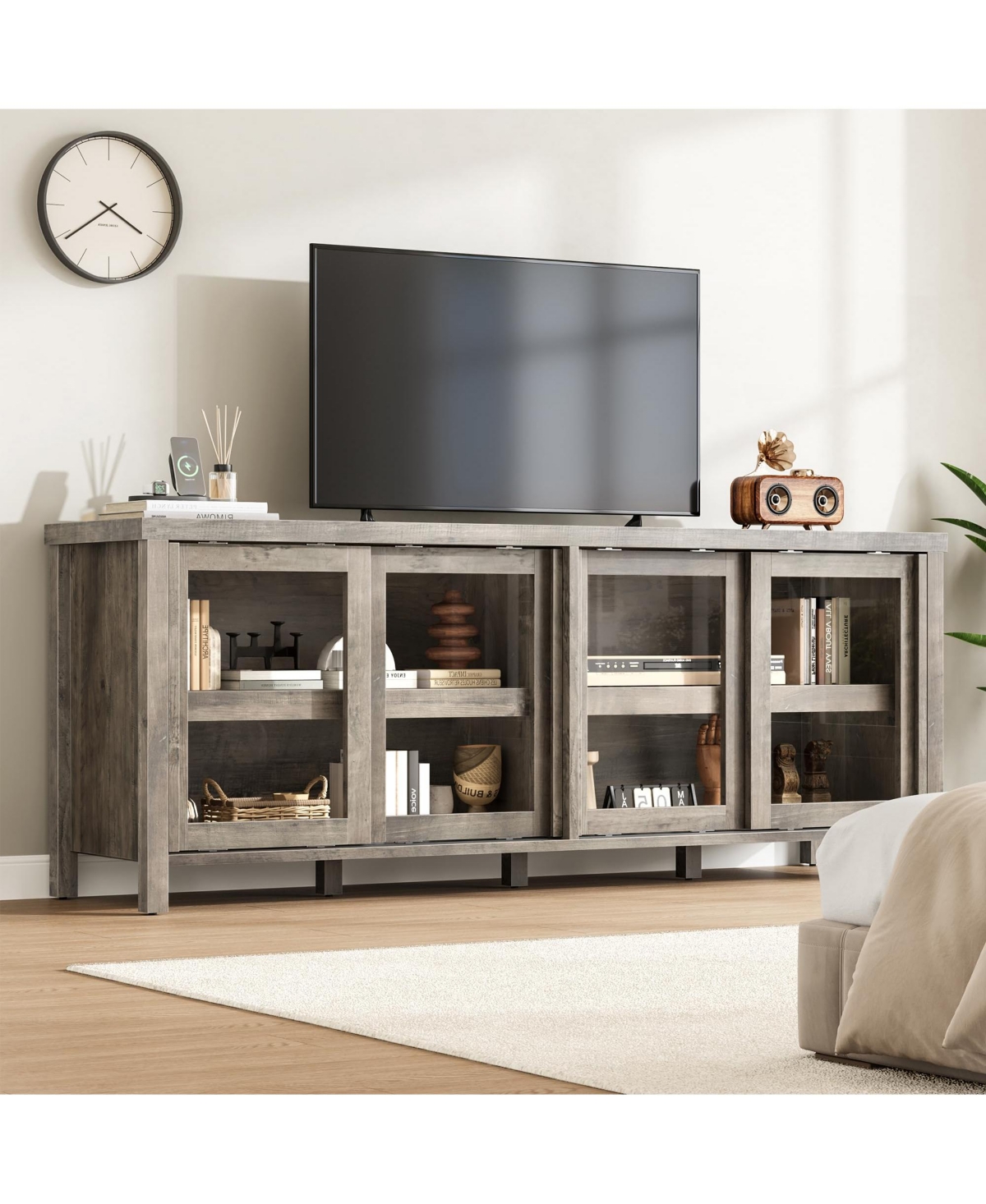 homfan Modern Tv Stand for 65 Inch, Entertainment Center with Storage Cabinet, 4 Sliding Glass Doors, Mid Century Media Console Table for Living Room