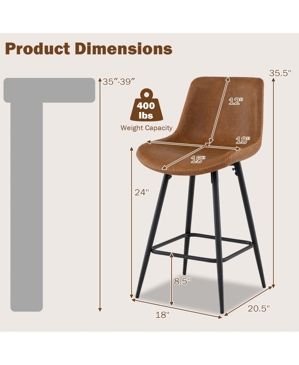 Gymax Set of Bar Stools 24 Inch Counter Height Bar Chairs with Backs and Footrests