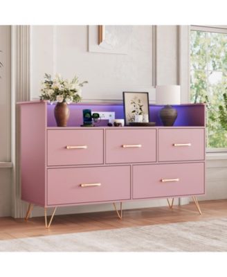 5 Drawer Dresser with LED Light and Charging Station, Wide Storage Chest for Bedroom, Entryway, Hallway, Living Room