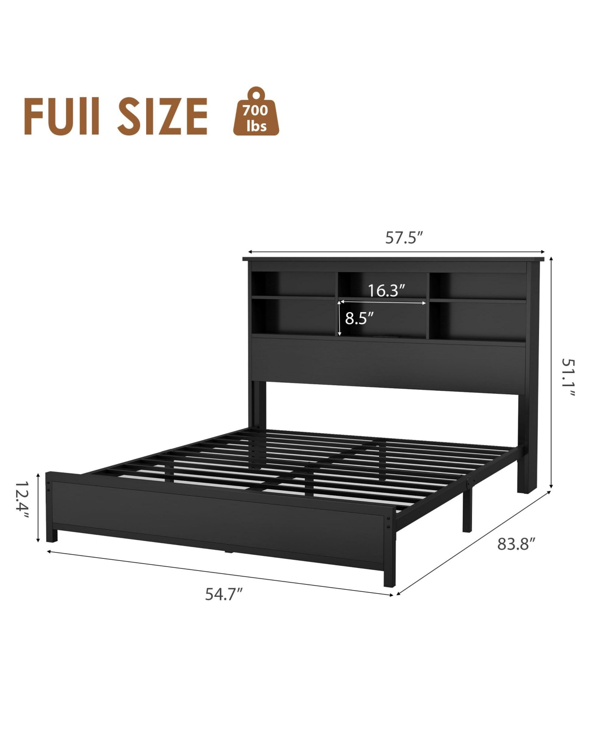 homfan Bed Frame with Bookcase Headboard, 2-Tier Storage Platform Bed with Charging Station, No Box Spring Needed