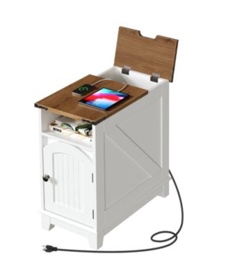 Narrow Side Table with Built-In Charging Station for Living Room