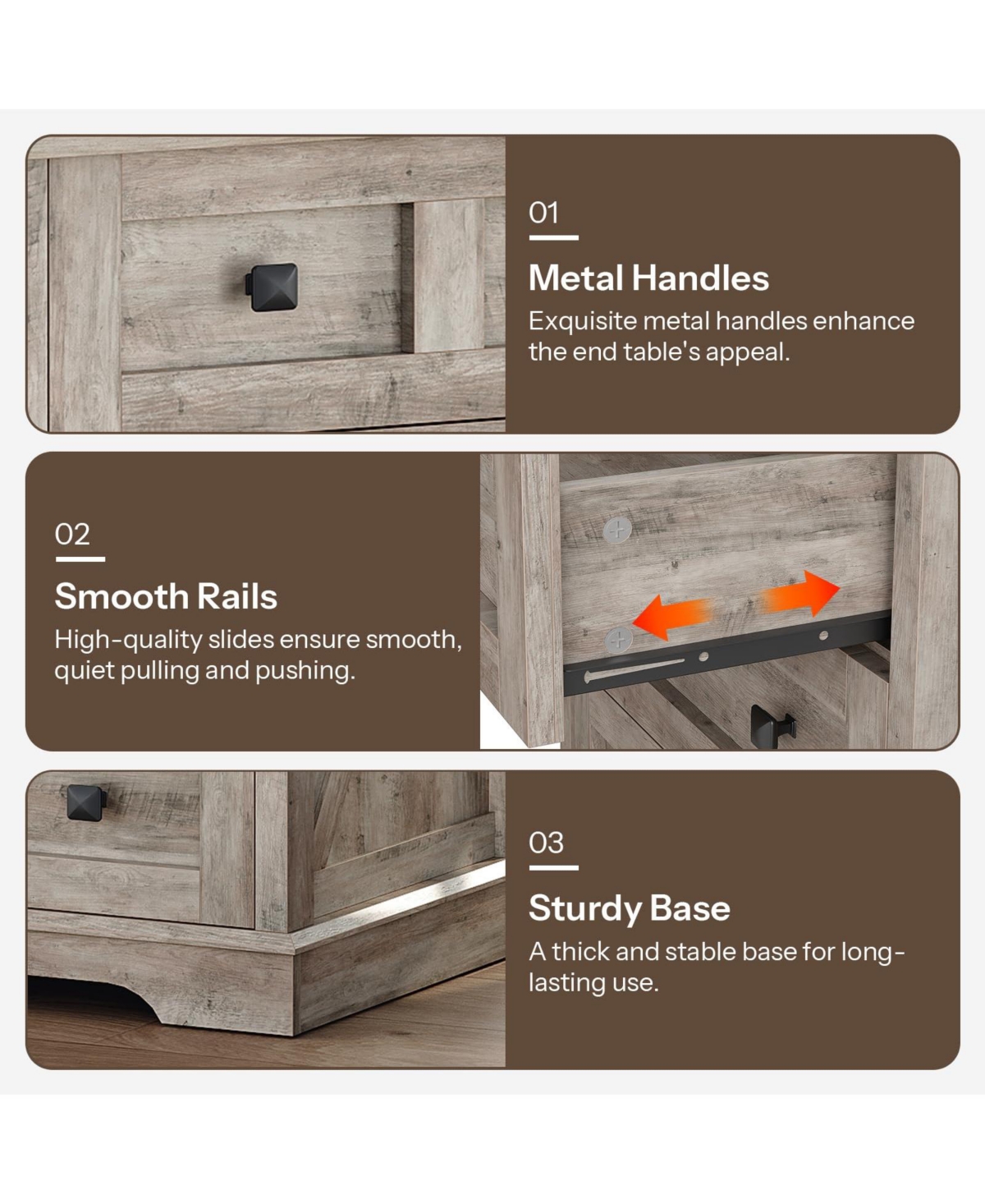 Slickblue Farmhouse 3-Drawer Nightstand with Charging Station for Bedroom