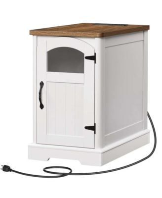 Modern Side Table with Charging Station, Glass Door and Adjustable Shelf