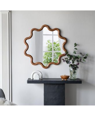 31" Decorative Wall Mirror, Gear-Shaped Pine Wood Accent Mirror for Living Room, Entryway and Bedroom