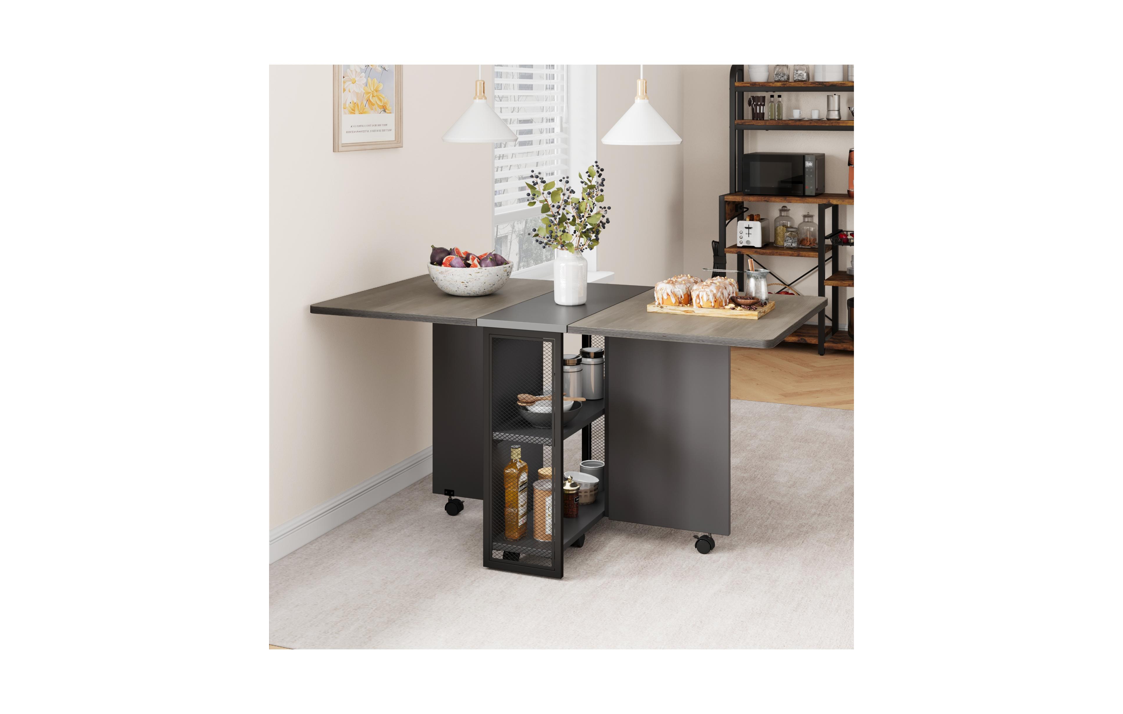 homfan Folding Drop Leaf Dining Table Set Expandable Table with 2 Storage Racks and 6 Wheels, Modern Industrial Seats 4-6