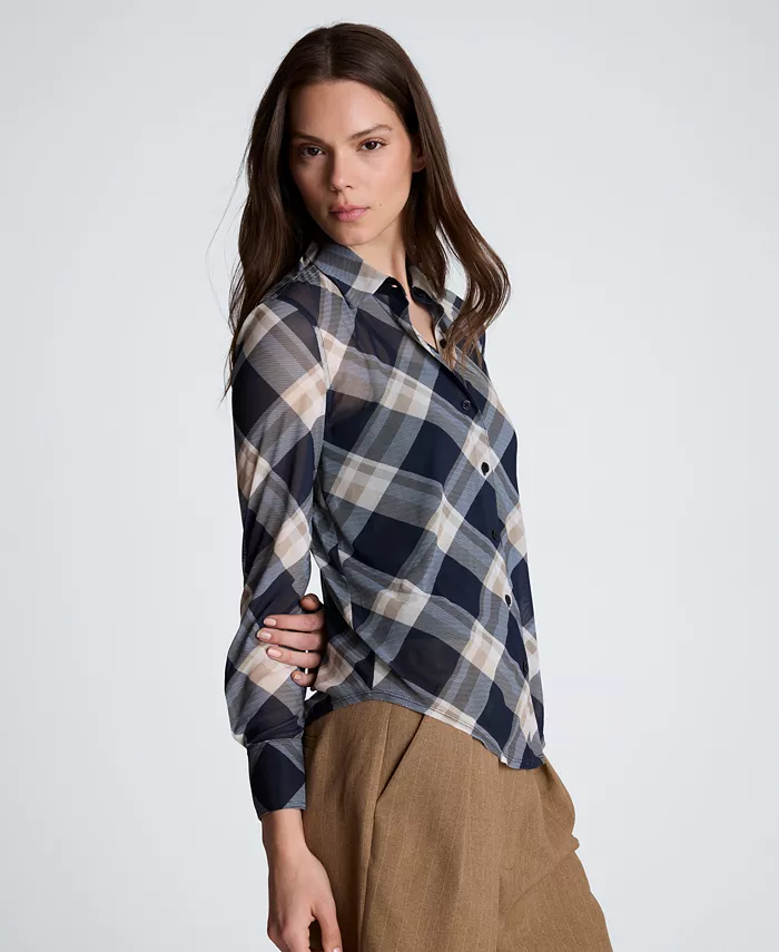 Women's Button Front Plaid Mesh Shirt - thumbnail 3