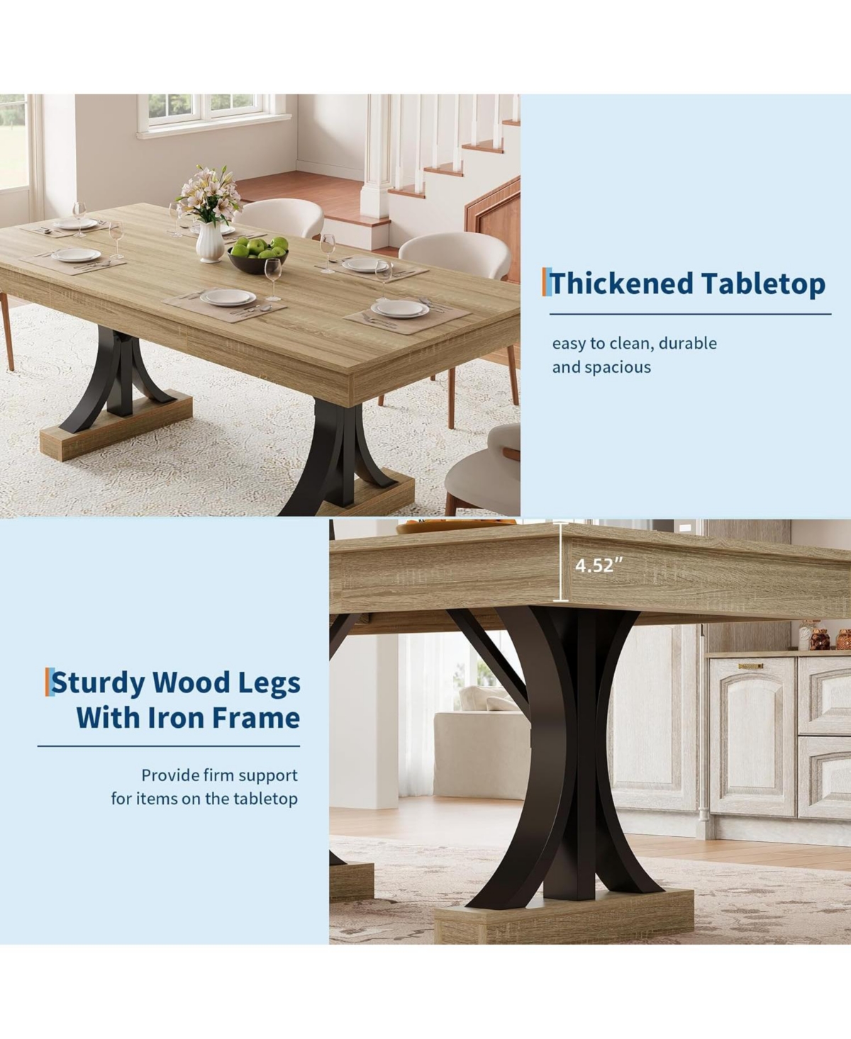 homfan 71 Inch Dining Table for 6 to 8 with 2 Drawers, Double Pedestal Industrial Wooden Kitchen Table