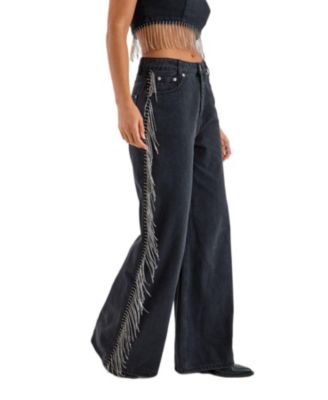 Women's Denim Diamonte Tassel Straight Leg Jeans