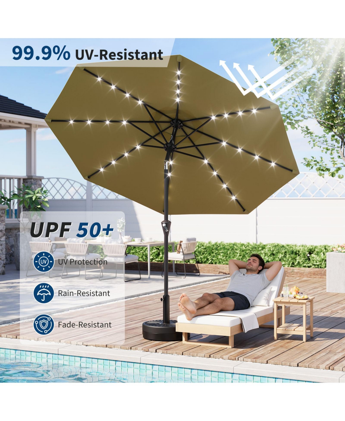 homfan 9Feet Solar Led Patio Umbrella, Outdoor Market Umbrella With 8 Durable Ribs, 30degree(s) Dual Tilt & Easy Crank, Perfect For Garden, Balcony
