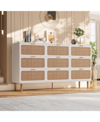 Rattan 9-Drawer Dresser, Tall Modern Closet with Deep Storage