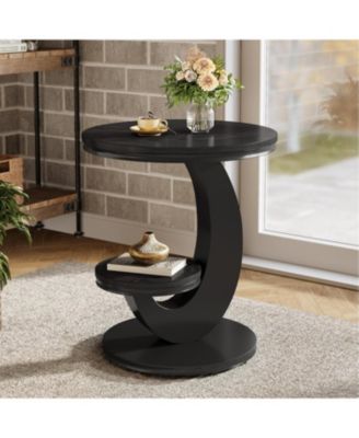 Round End Table, 2 Tiers Side Table with Storage Shelf, C-Shaped Frame for Small Spaces, Living Room, Easy to Assemble