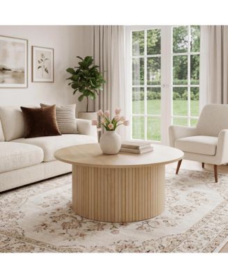 Round Coffee Table, Small Coffee Table with Fluted and Metal Frame, Circle Table for Living Room
